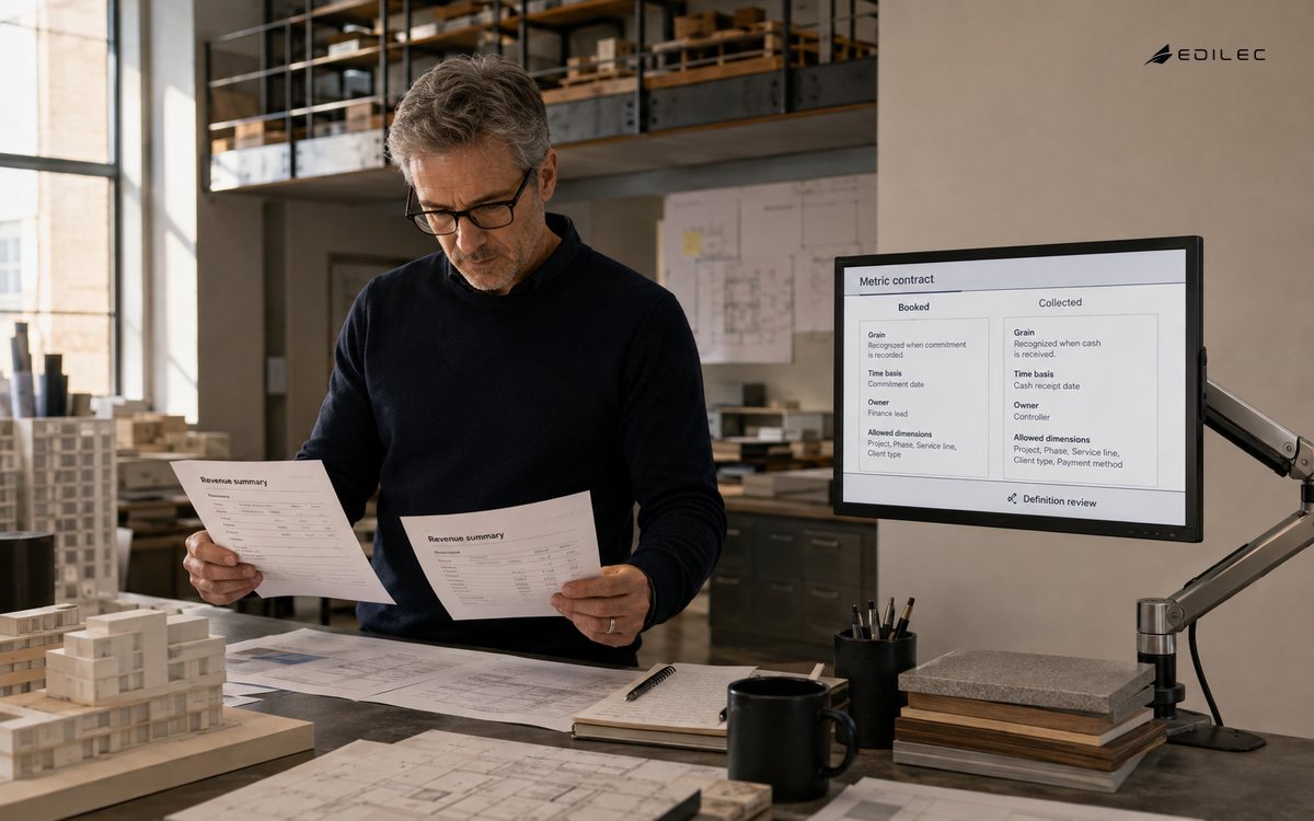 A finance lead reviews revenue definitions beside a monitor in an architecture studio.