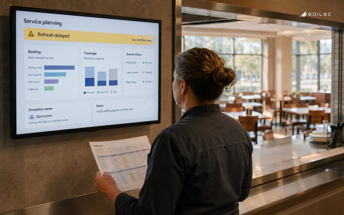 A dining supervisor checks a dashboard with a visible refresh warning.