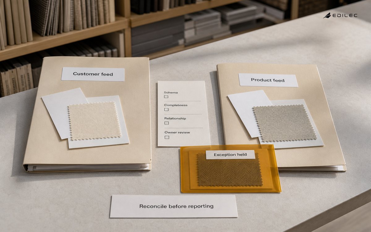 Customer-feed and product-feed folders sit beside a reconciliation checklist and a held exception sleeve.