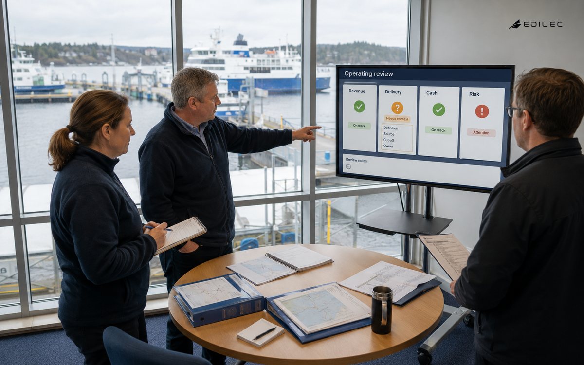 Operations colleagues reviewing a dashboard definition beside a harbor-facing planning table.