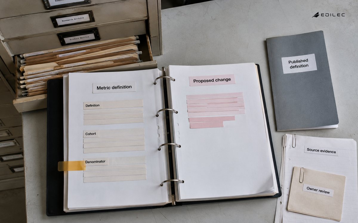 Open metric-definition binder with a flagged denominator change and a separate published-definition folder.