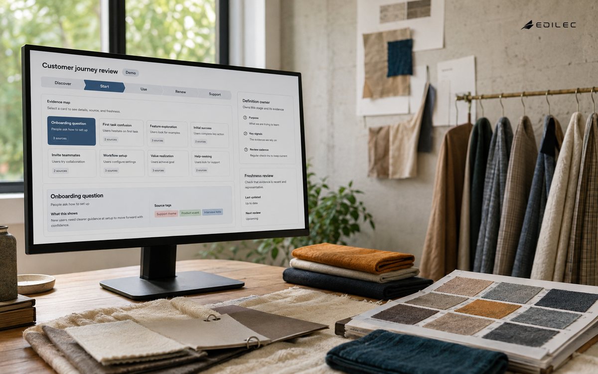 A customer journey review appears beside fabric samples in a textile showroom.