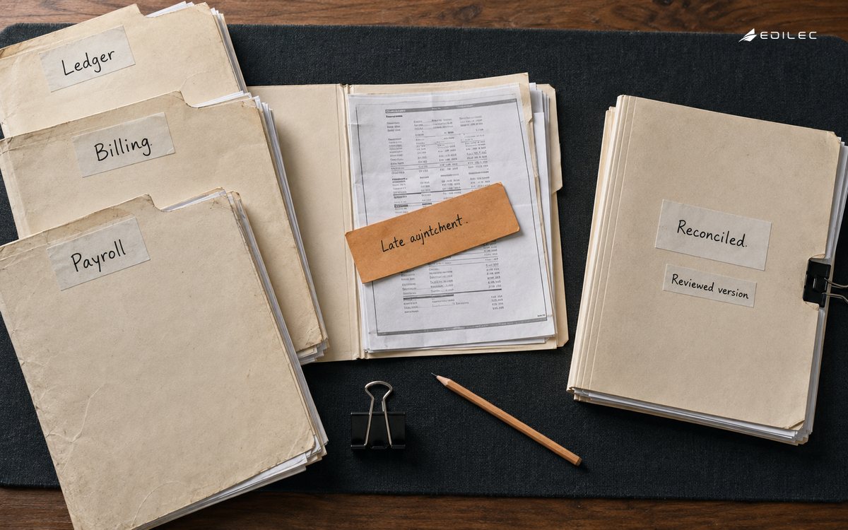 Source folders and a late-adjustment slip separated from the reviewed finance-close packet.