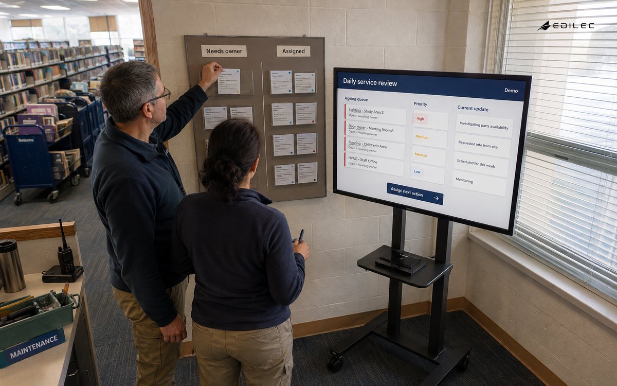 Library service supervisors use a queue review to assign a maintenance task during a standing huddle.