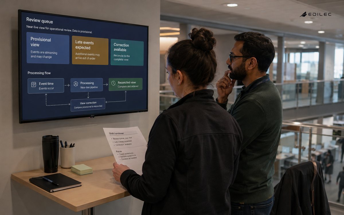 Standing analysts discuss a provisional review queue and late-event correction during a shift handover.