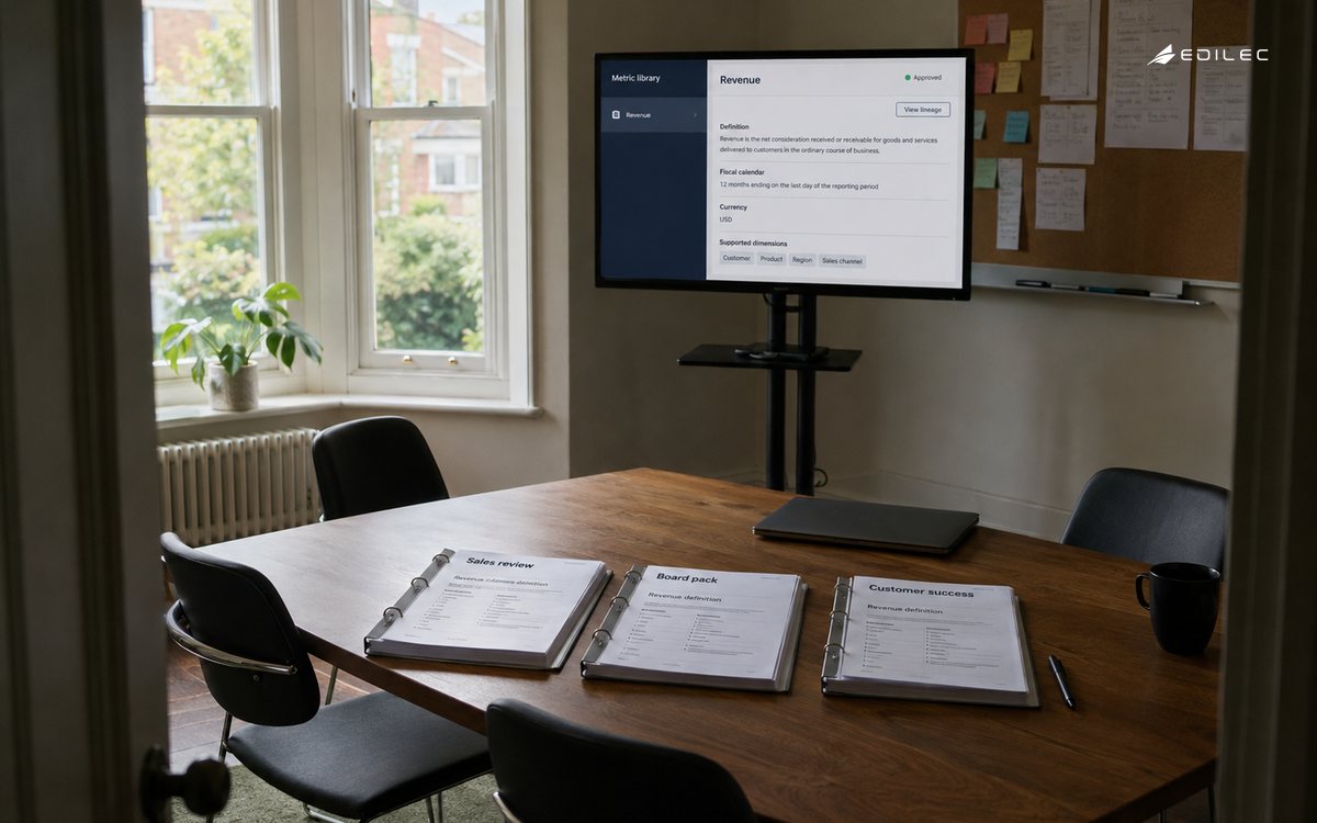 Meeting packs and a metric-definition screen in a sunlit finance meeting room.