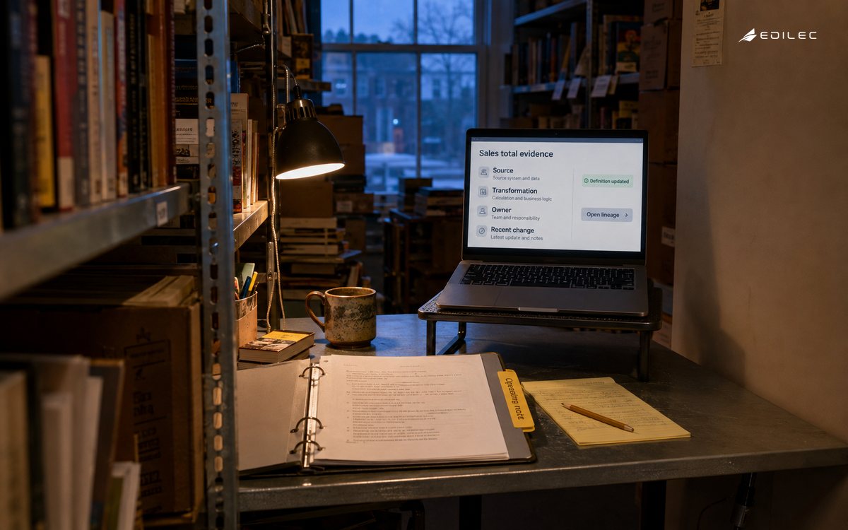 Bookshop back office with an operating binder and a small screen linking a sales total to its change history.