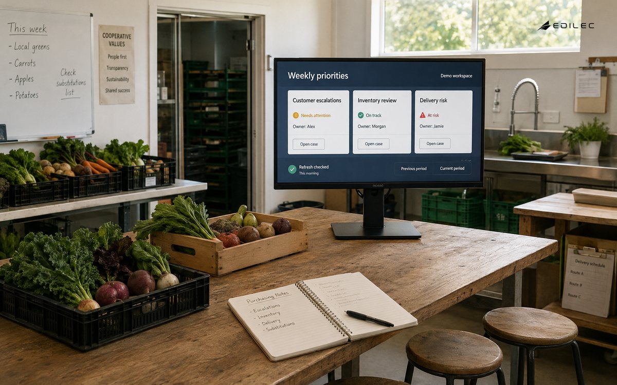 Purchasing table, produce samples and a weekly-priorities dashboard in a food cooperative.