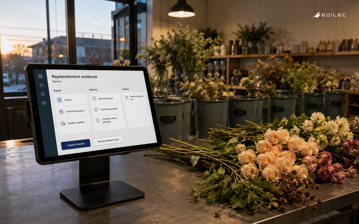 A replenishment review sits among flower-shop preparations.