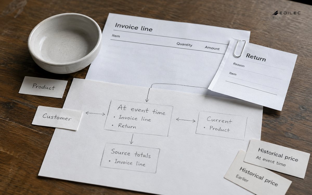 An invoice and linked return slip sit beside product and historical-price cards on a modeling worksheet.