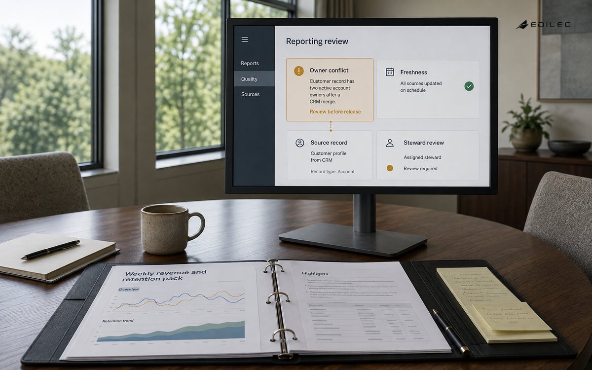 A reporting folio and monitor in a finance review room show an ownership exception before release.