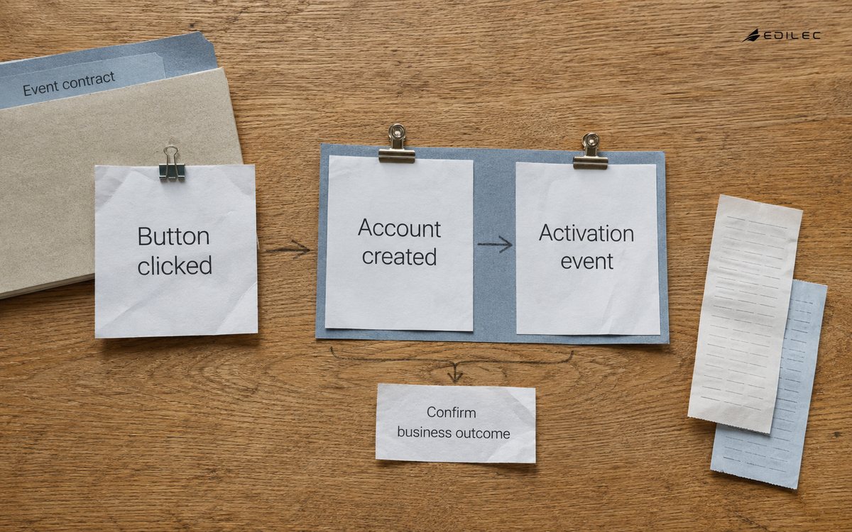 Paper journey cards distinguish a button click from an account record and its confirmed activation event.