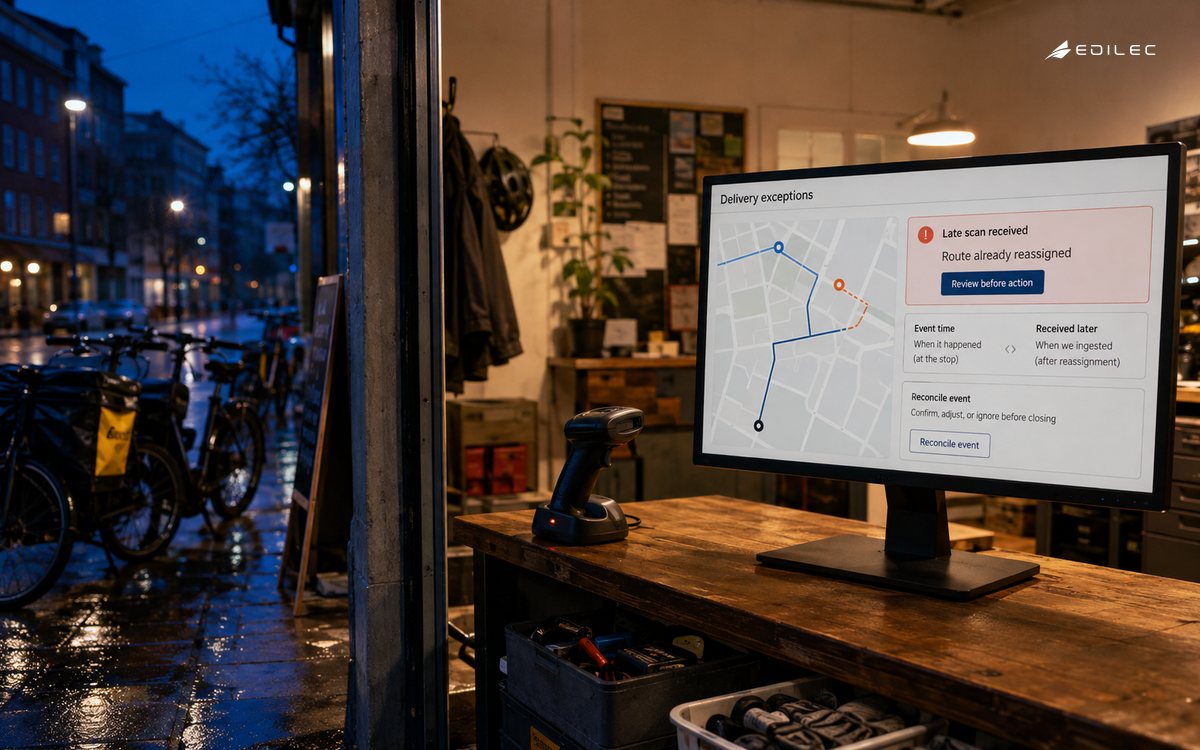 A courier dispatch screen marks a late scan for review beside a scanner and parked cargo bikes.