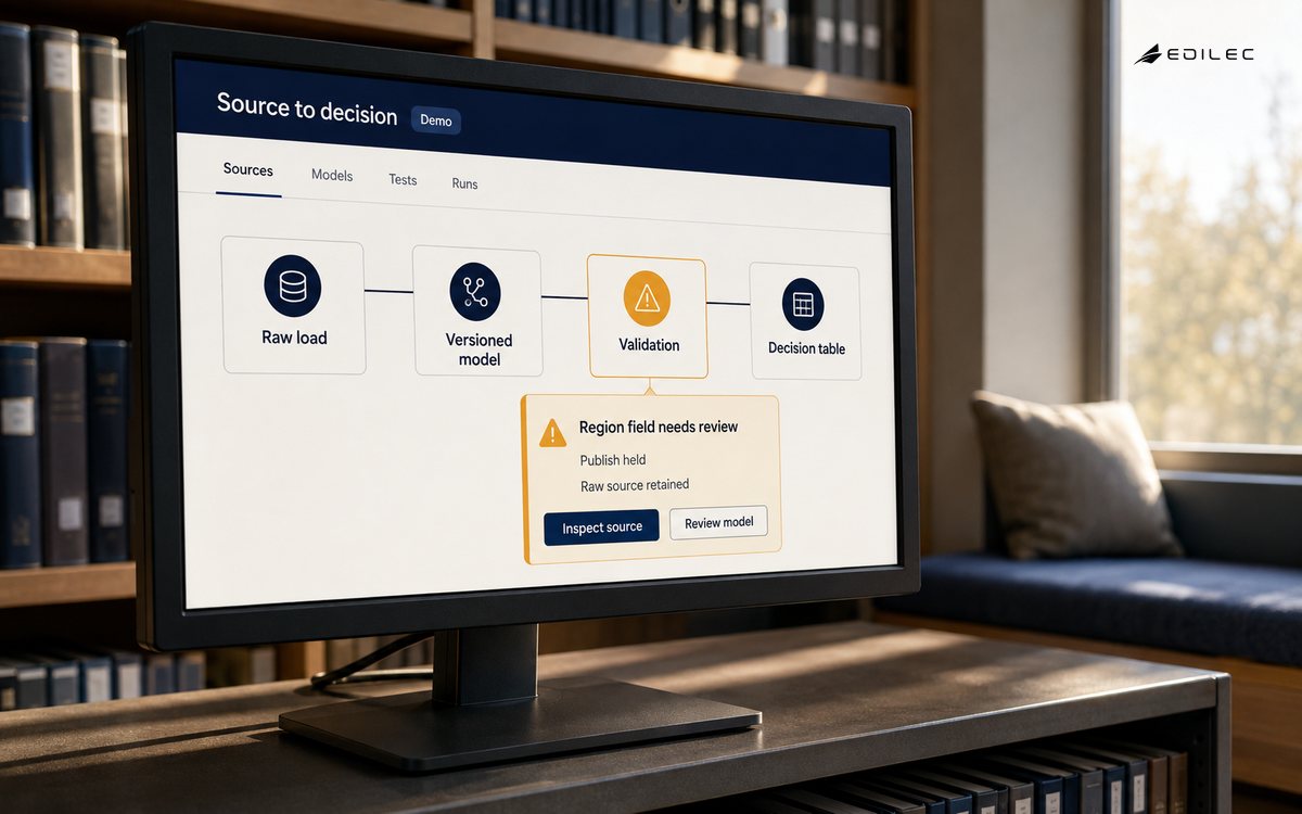 An ELT workspace connects retained raw data to validation and a held decision table.