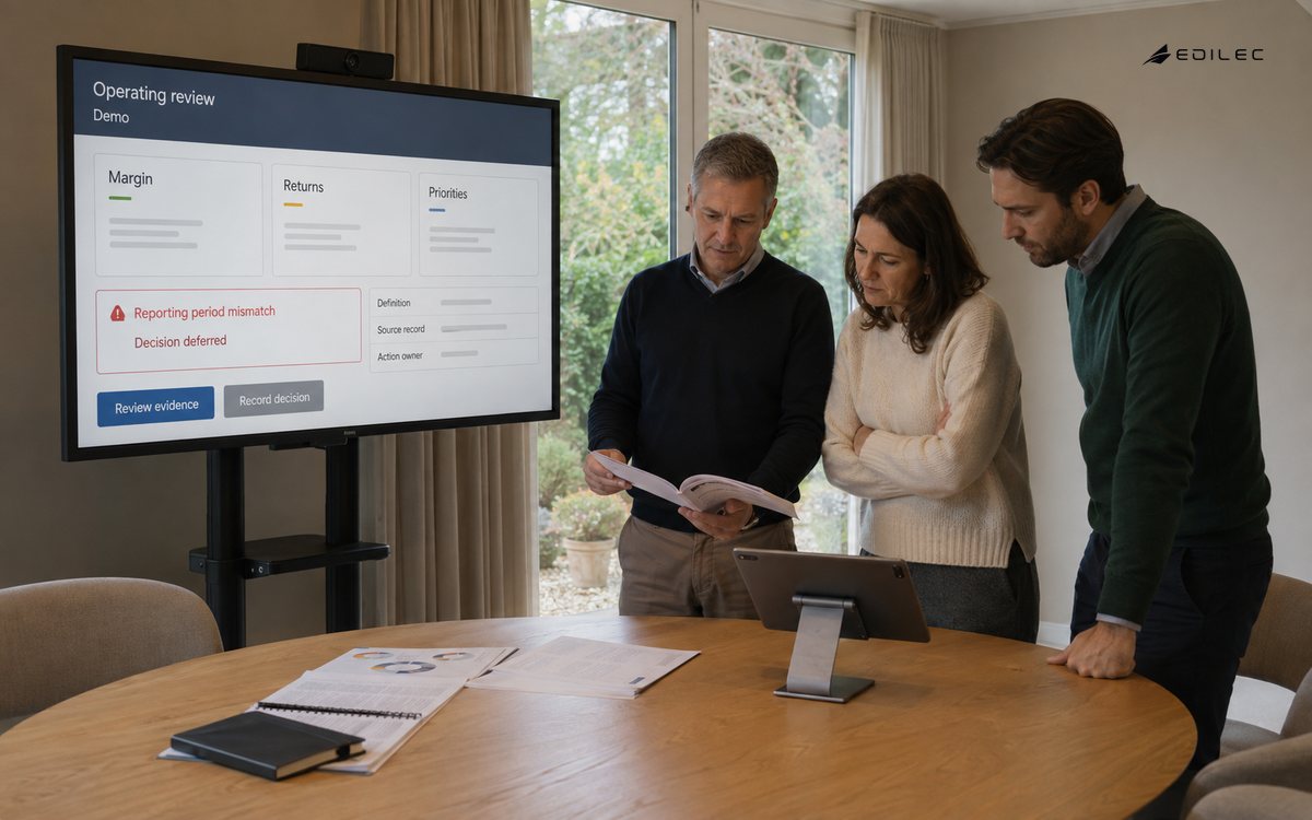 Leaders review a reporting-period exception alongside their meeting pack.