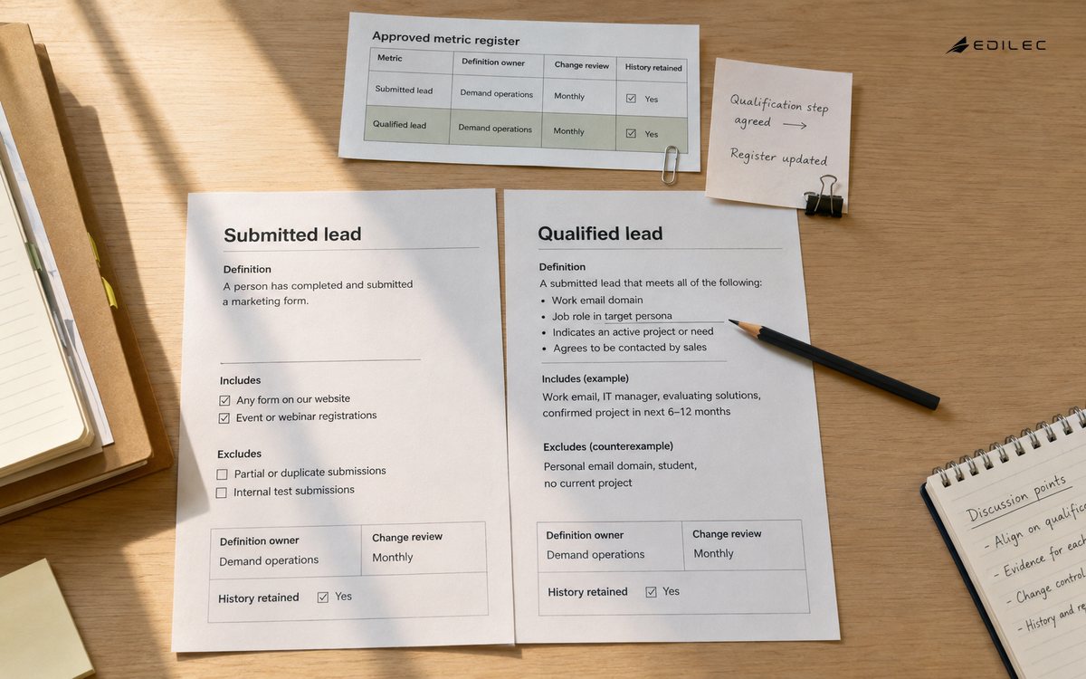 Printed submitted-lead and qualified-lead charters beside a metric register and revision note.