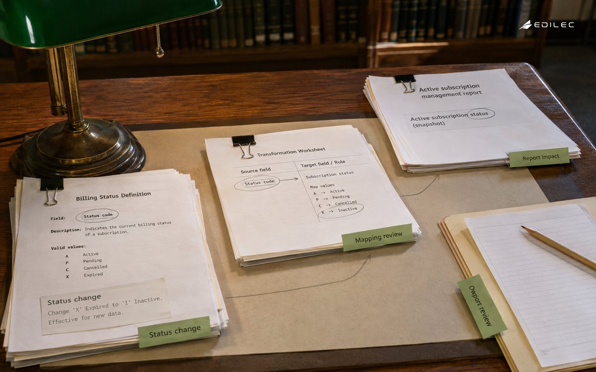 A billing status-change memo is traced through a mapping worksheet to a report proof.