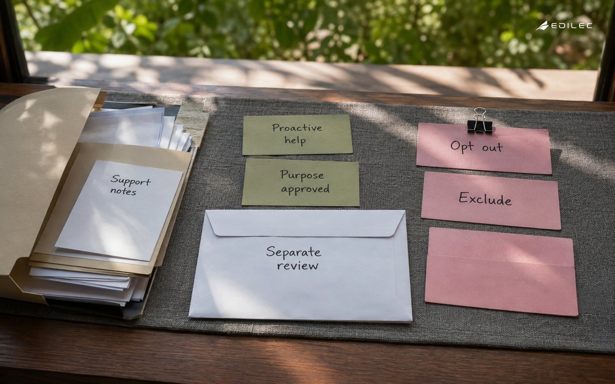 Support notes, purpose-review cards and an opt-out exclusion group are separated on a research table.