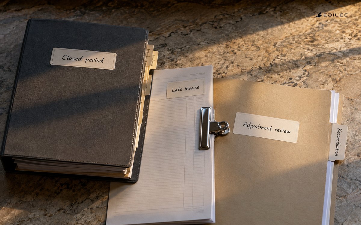A late invoice and adjustment review packet sit beside a bound closed-period folder.