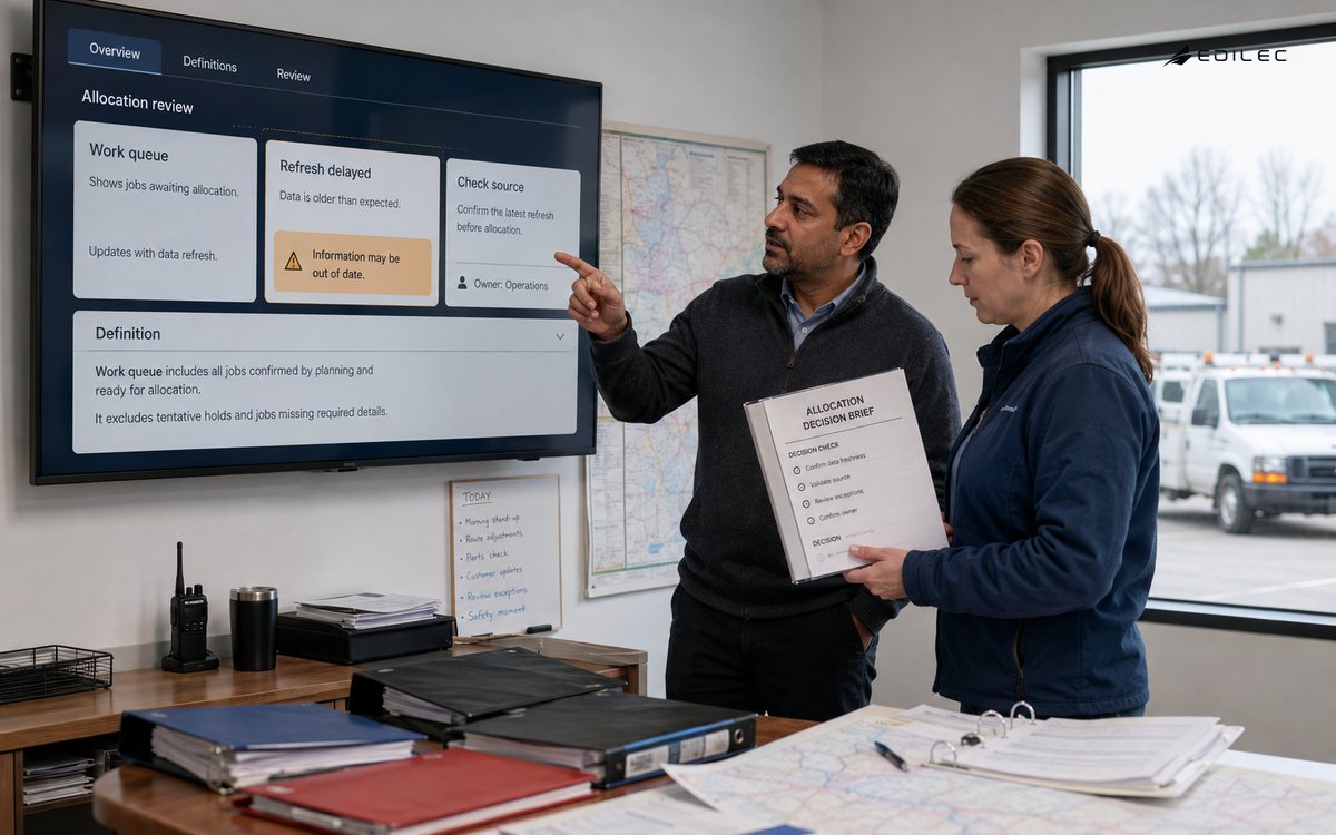 Standing colleagues review a service-allocation screen and printed planning brief in a field-service office.