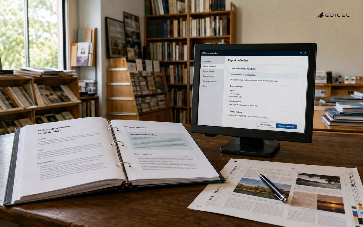 An analytics binder and source proof support a maintained report-definition workspace.