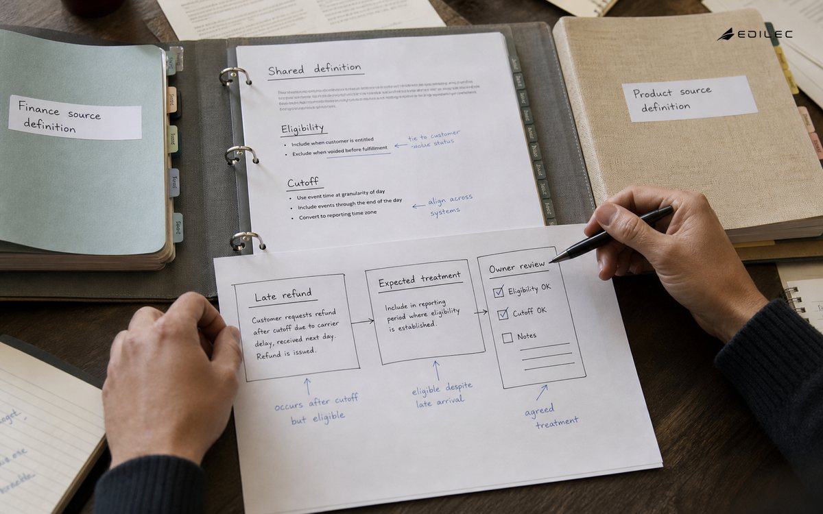 A metric-contract folio and late-refund fixture connect eligibility, cutoff, and expected treatment.
