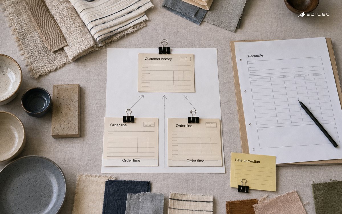 Order-line slips, a customer-history card and a reconciliation sheet are arranged on a merchandising table.