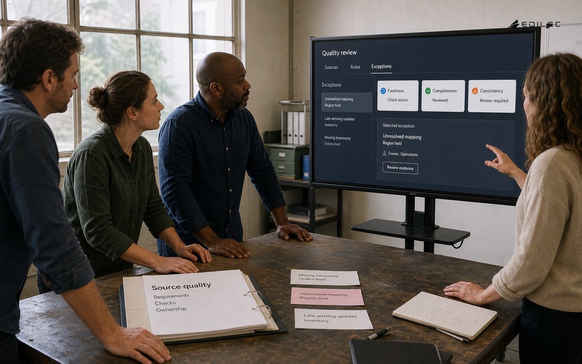 Standing colleagues review source-quality evidence beside a mounted monitor and exception slips.