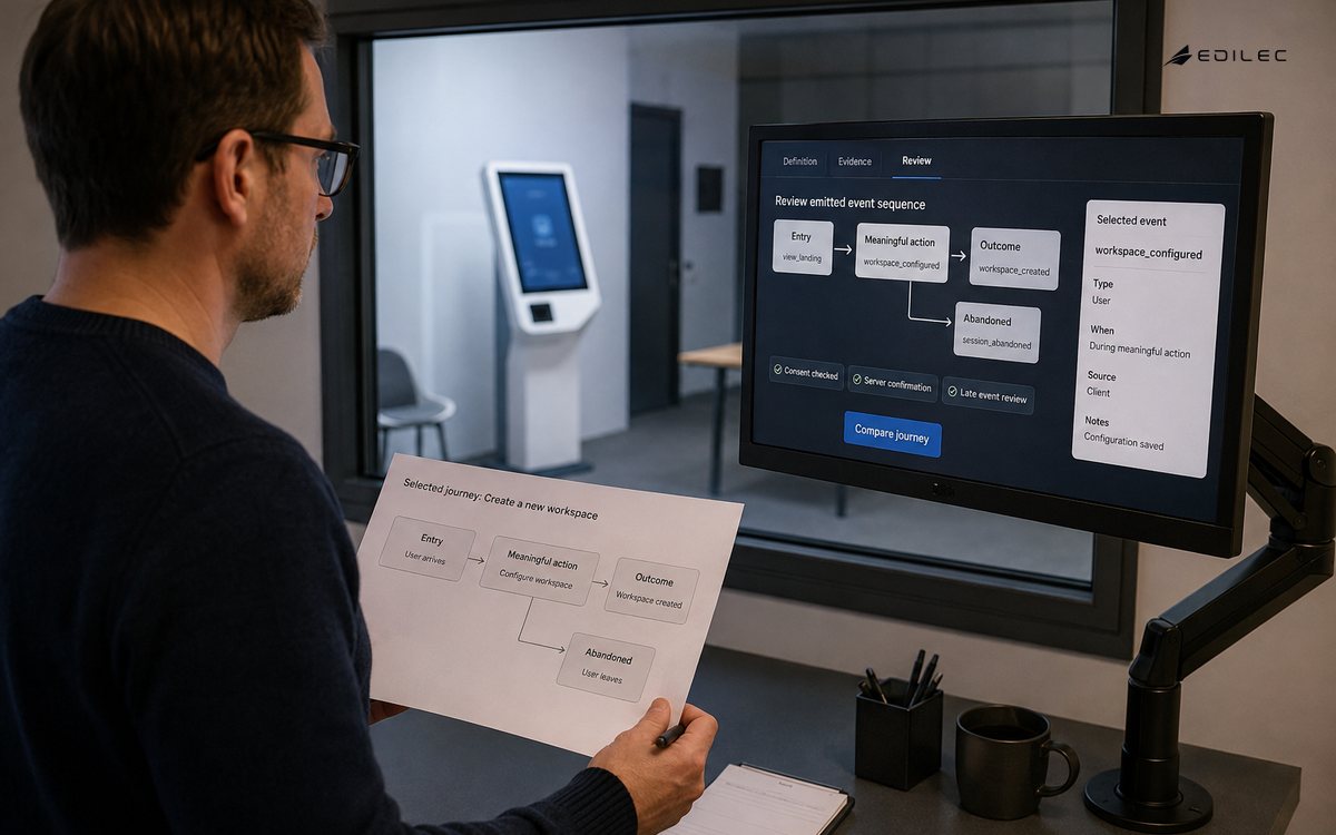 A standing researcher compares a journey worksheet with an event timeline in a usability observation studio.