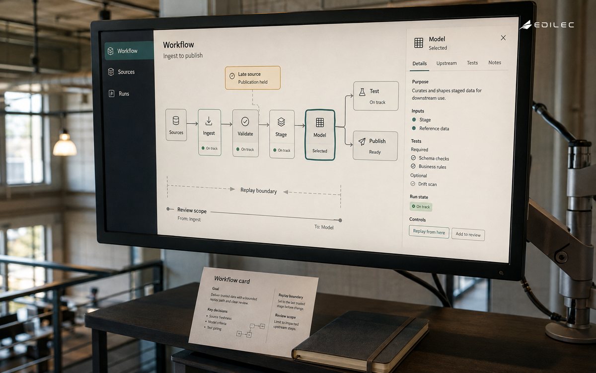 A workflow canvas shows a late source, held publication and replay controls on a mounted monitor.