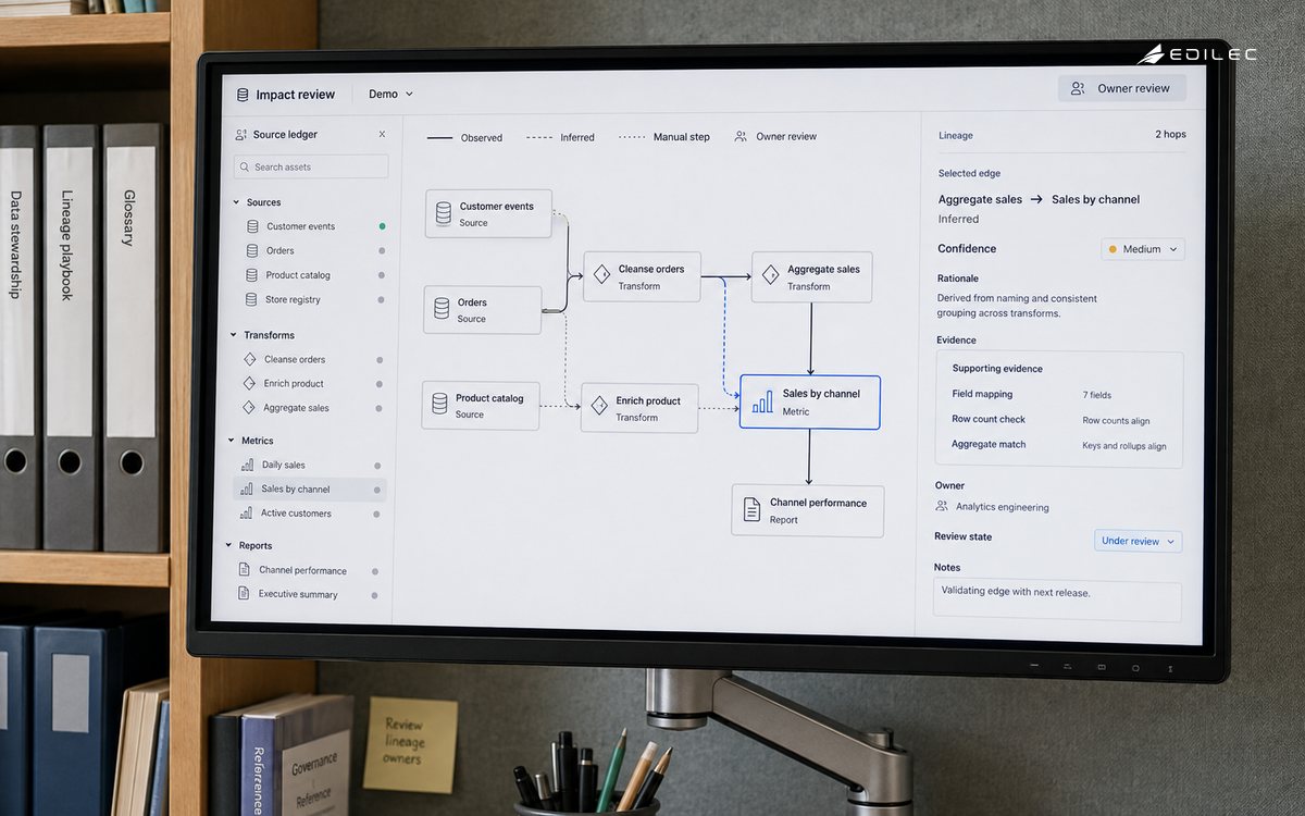 A mounted monitor displays a fictional dependency graph with a confidence and evidence inspector.