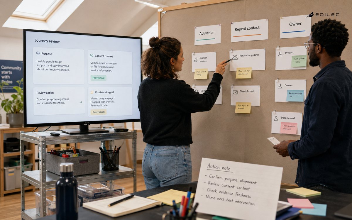 Standing colleagues review journey cards beside a purpose-and-consent screen in a product workshop.