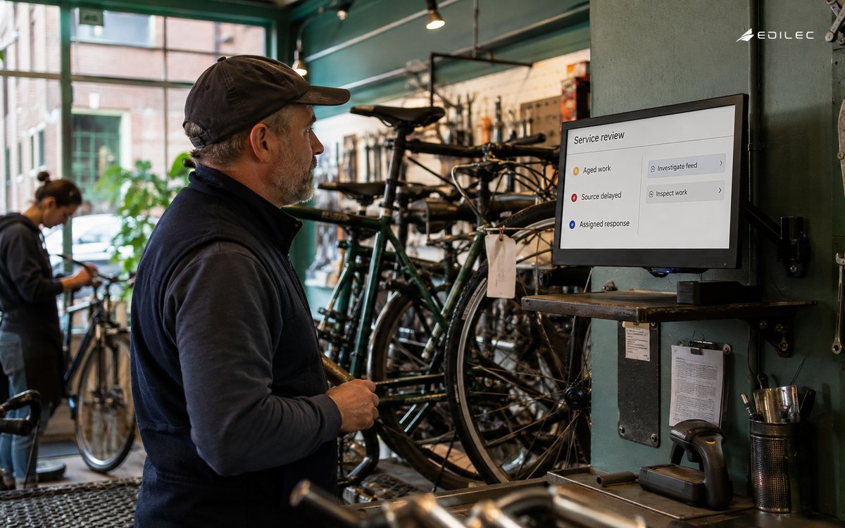 A repair-shop supervisor checks aged work and source freshness during shift handover.