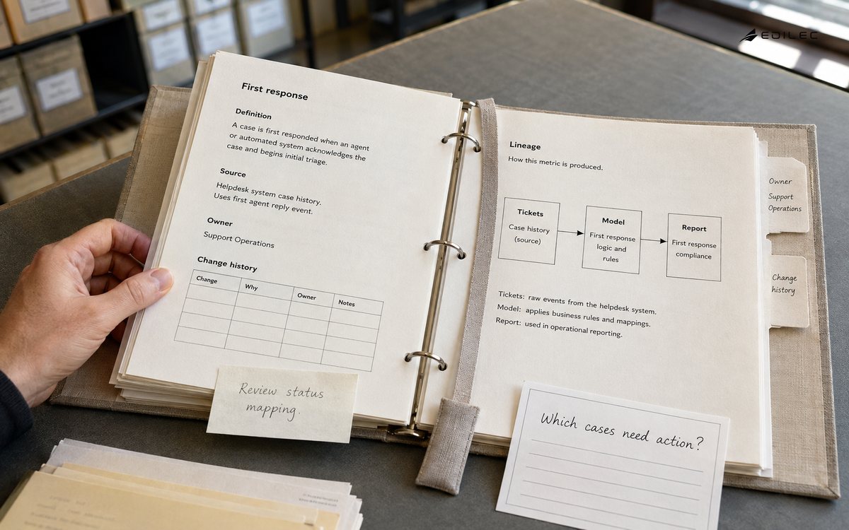 Open analytics binder links a first-response definition with ticket sources, ownership tabs and a status-mapping note.