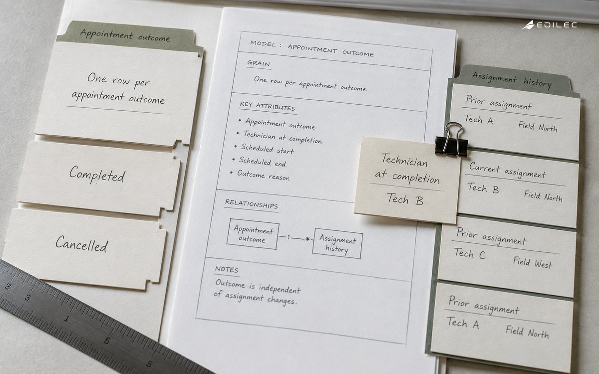 Appointment outcome cards sit beside a separate technician-assignment history strip.
