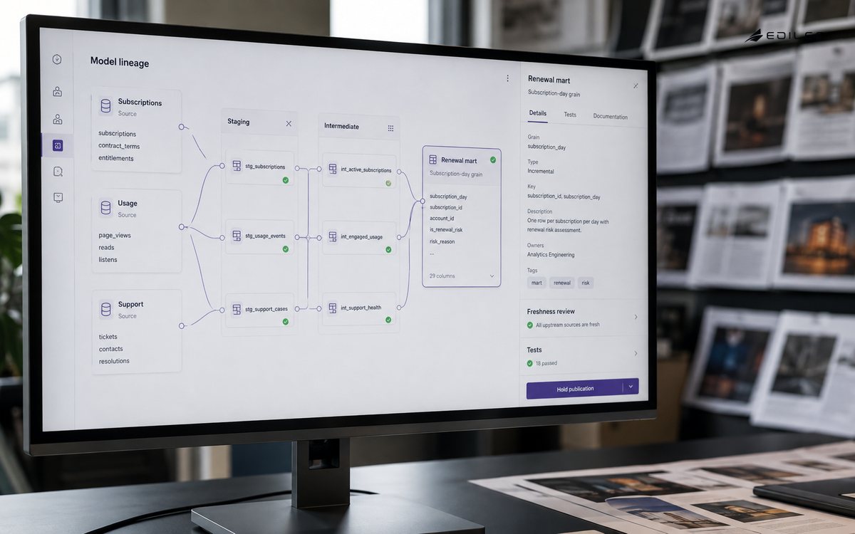 An analytics monitor shows source-to-mart lineage and a selected renewal-model contract.