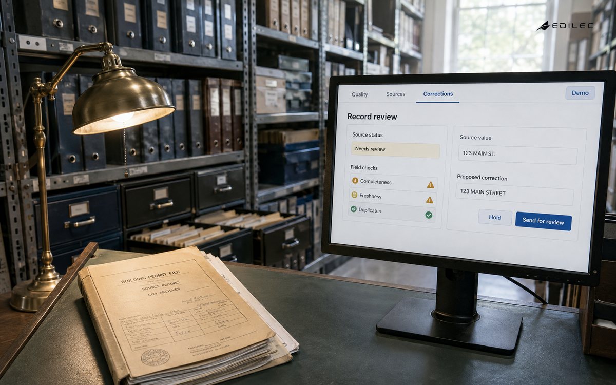 A source folder beside a data-quality review screen in a records catalog room.