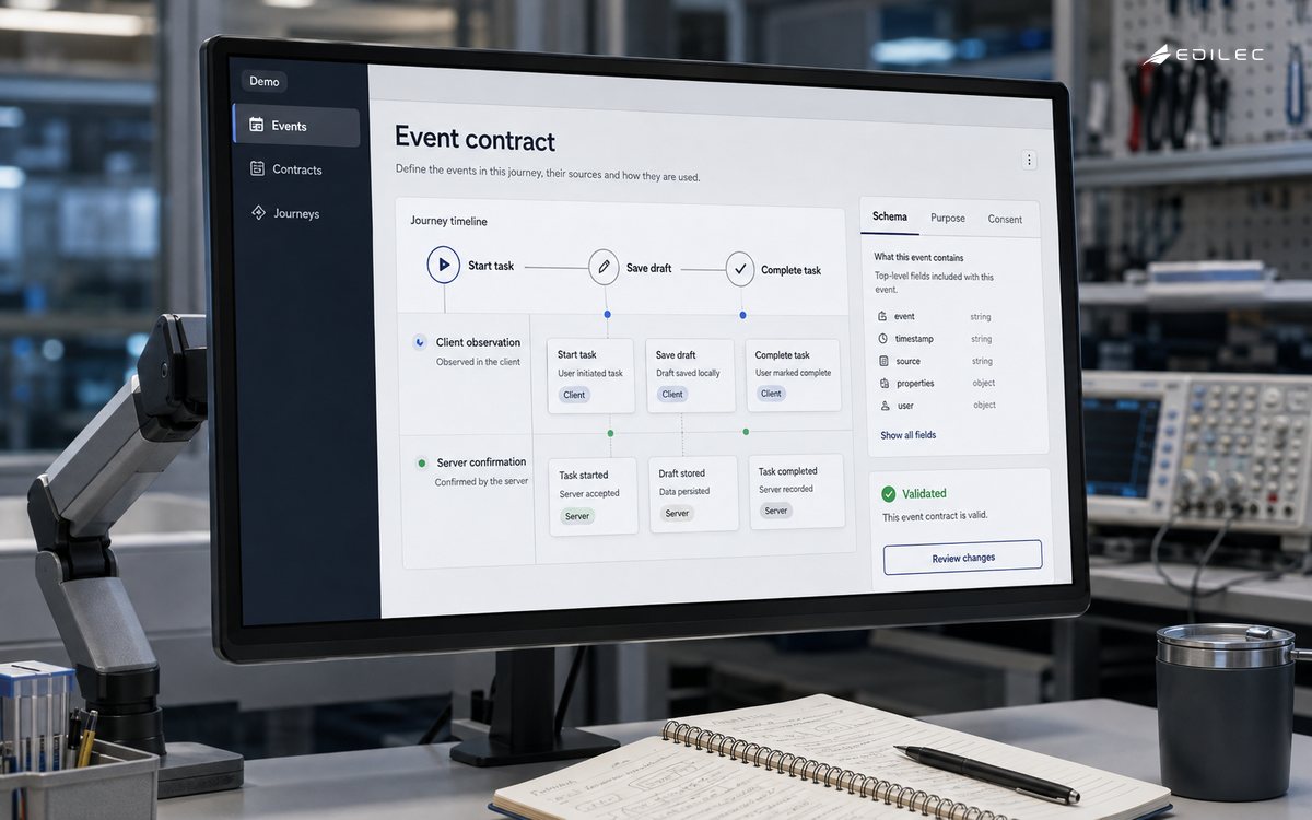 An event-contract interface separates client observations from server confirmations.
