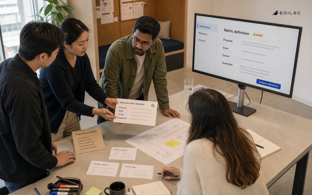 A product team reviews metric definitions and guardrail cards in a daylit planning studio.