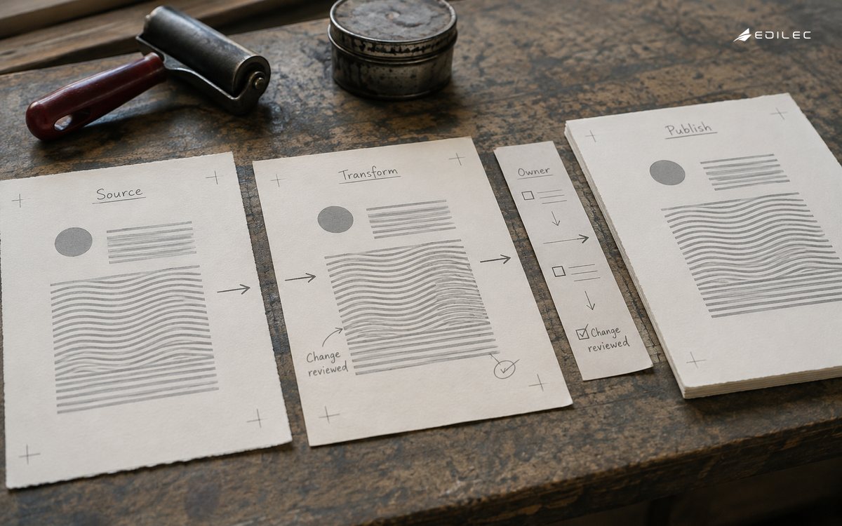 Source paper, a marked transformation proof and a publication proof form a traceable chain on a print bench.