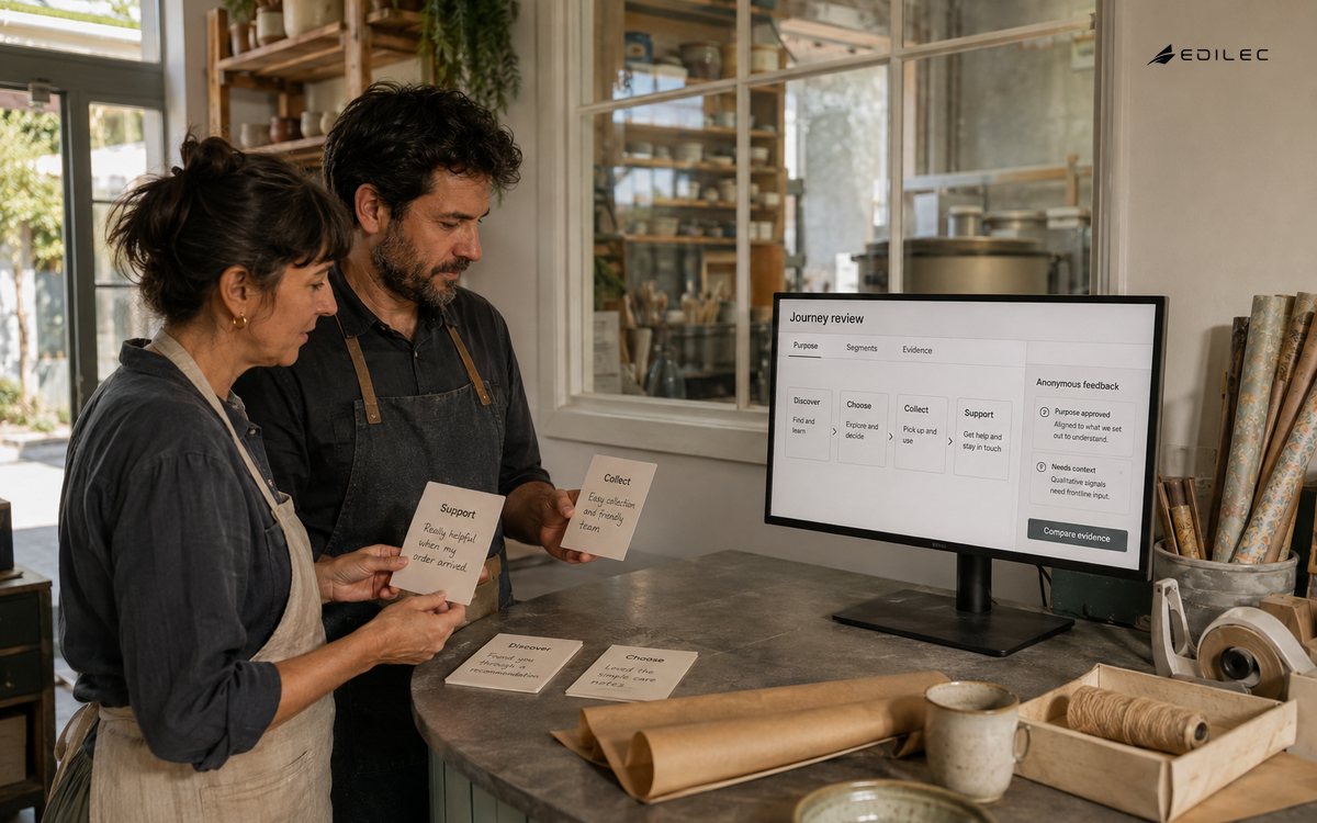 Shop founders compare anonymous feedback with a customer-journey review beside ceramics displays.
