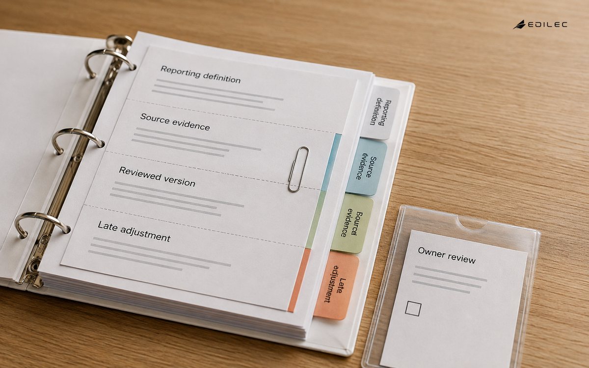 A financial review pack connects the reported version with original sources and late adjustments.