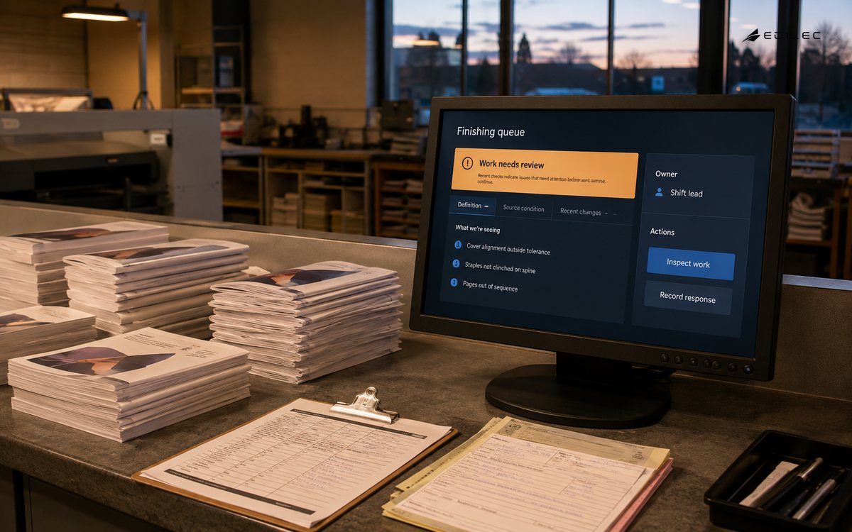 A finishing-queue signal connects source evidence to a shift leader's response.