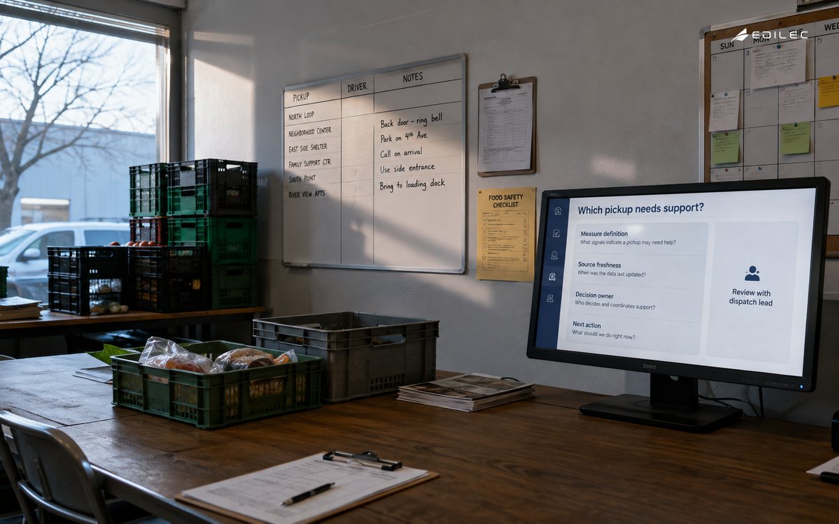 A dispatch planning table pairs pickup materials with a dashboard decision and its owner.