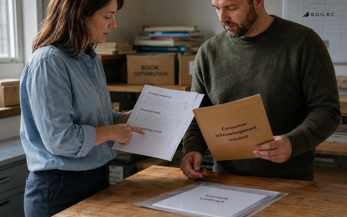 Two staff compare a proposed dataset change with a retained current contract.