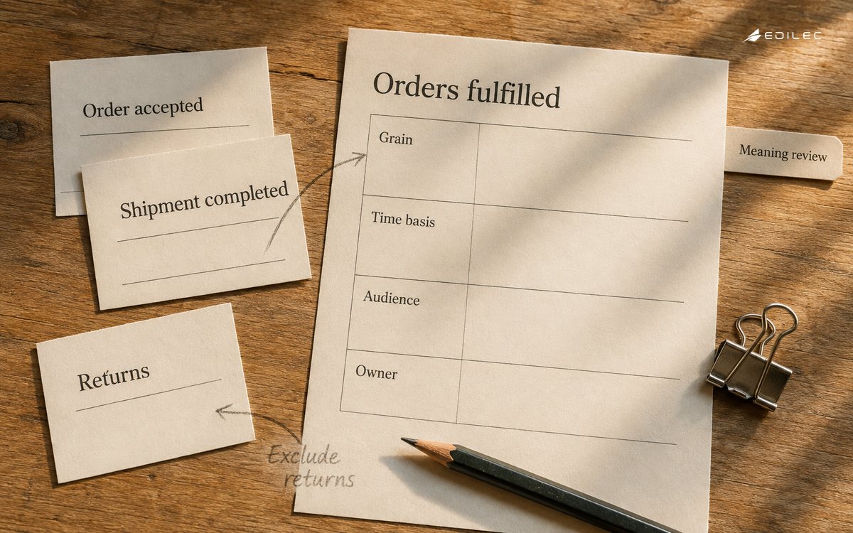 A paper metric worksheet links an orders-fulfilled definition to source-event cards and review notes.