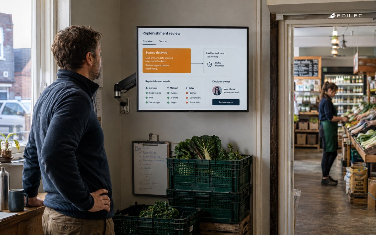 An operations lead reviews a replenishment dashboard beside the shop floor.