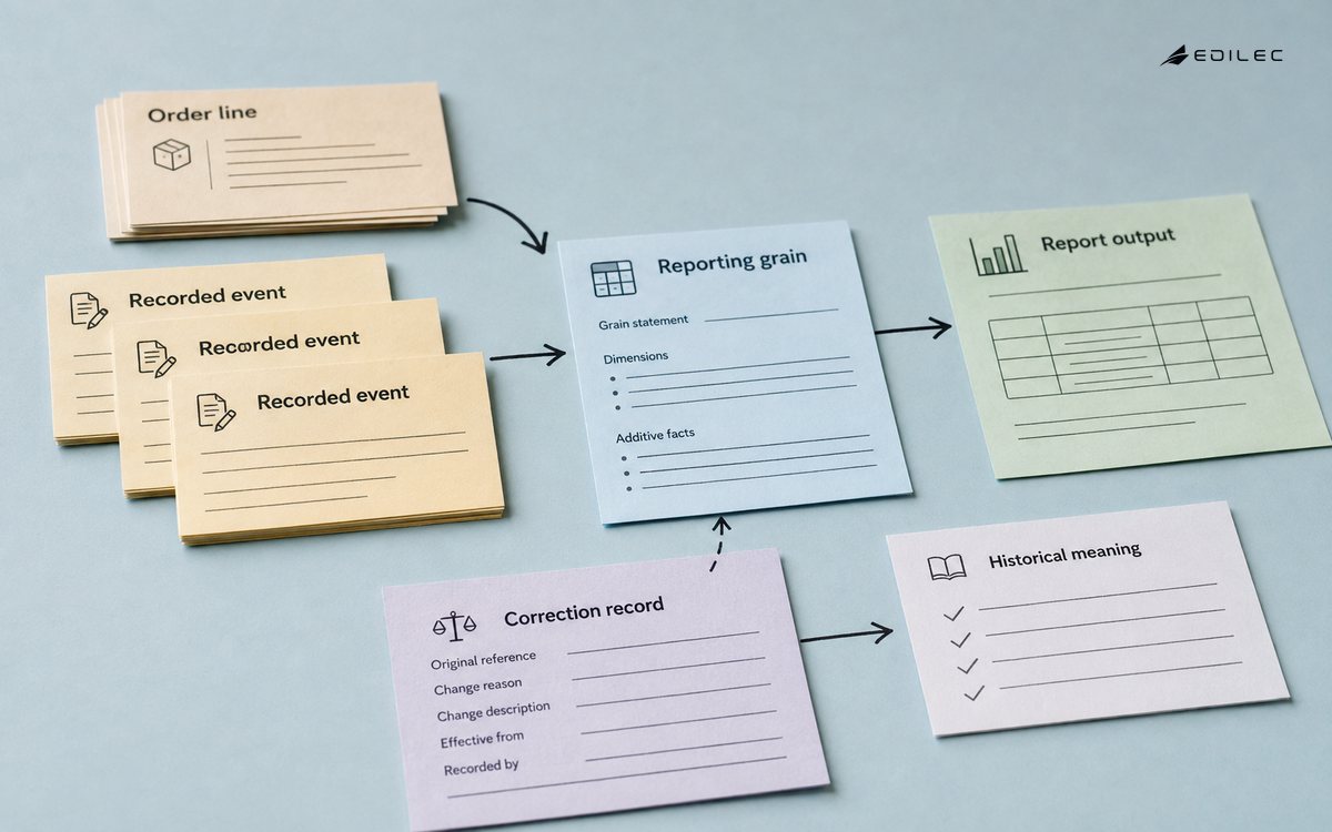 Order-line records and corrections remain tied to an explicit reporting grain.