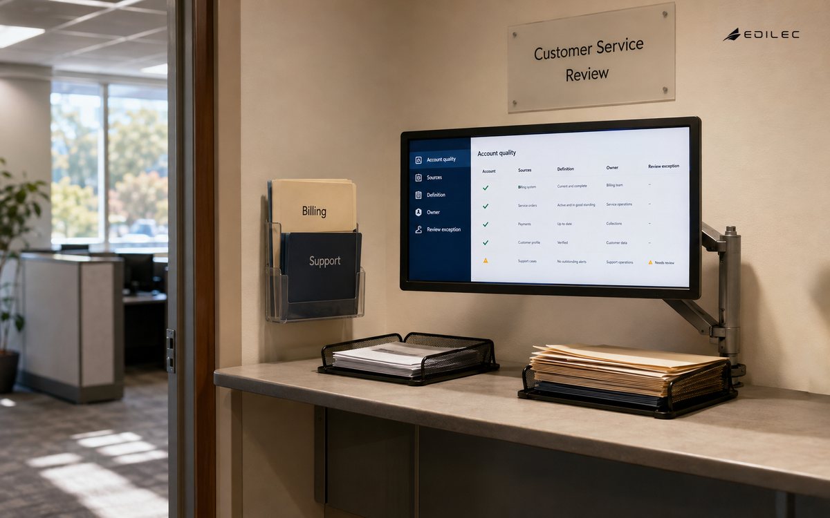 Wide view of a sunlit customer service review alcove, folders from billing and support arranged beside a modest opaque monitor on a metal arm, empty standing counter.