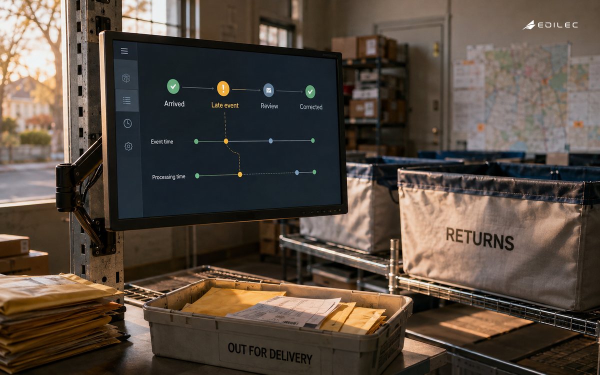 An order-event timeline beside dispatch materials makes late-event handling visible.
